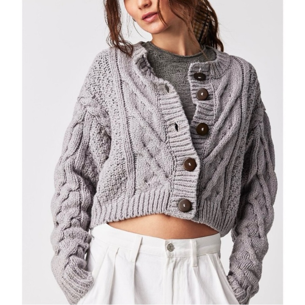 Free People Gray Cable Knit Cropped Cardigan